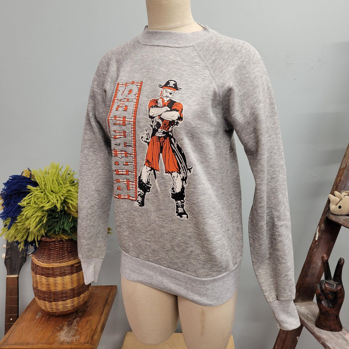 vtg 70s PIRATE SWEATSHIRT  // vintage pannill medium mens buccaneer sports gray crewneck fain personalized custom sporty autumn football