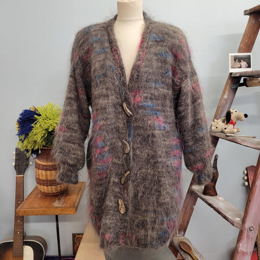 vtg 80s LONG MOHAIR JACKET// vintage womens large oversized patterned mohair full length shaggy fuzzy button up lined sweater winter jacket