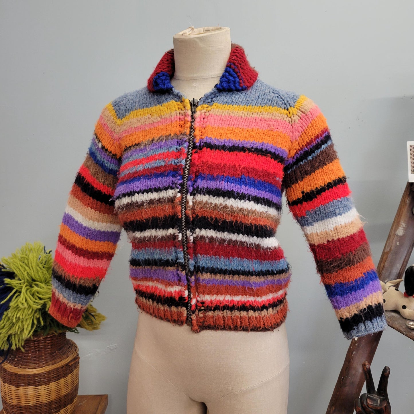 vtg 70s KNIT STRIPED SWEATER // vintage extra small adult handmade youth large sweater jacket bright cropped rainbow collared cowichan top