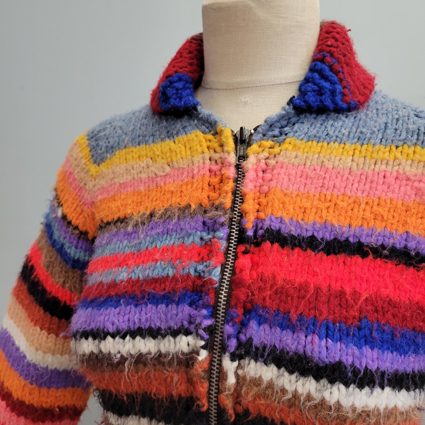 vtg 70s KNIT STRIPED SWEATER // vintage extra small adult handmade youth large sweater jacket bright cropped rainbow collared cowichan top