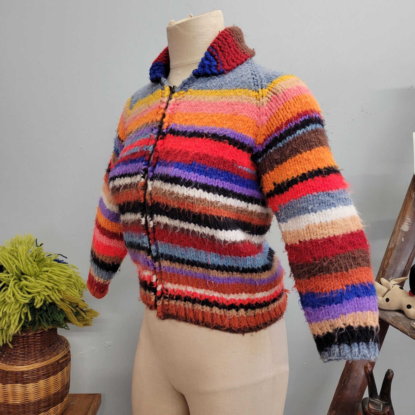 vtg 70s KNIT STRIPED SWEATER // vintage extra small adult handmade youth large sweater jacket bright cropped rainbow collared cowichan top