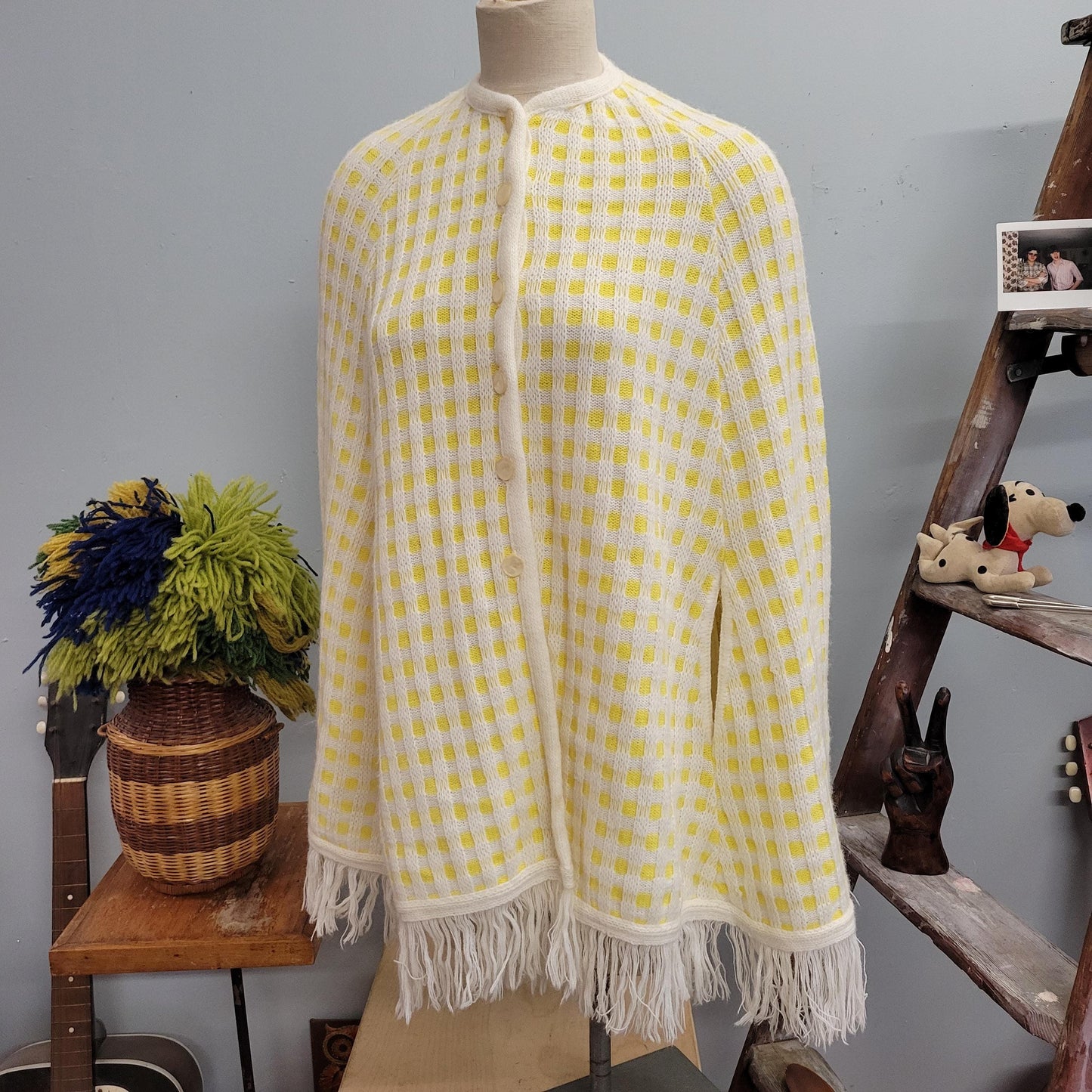 vtg 70s PLAID FRINGE PONCHO // vintage americana knitting mills yellow plaid button up wearable blanket pastel fairy 60s mod fringe cape