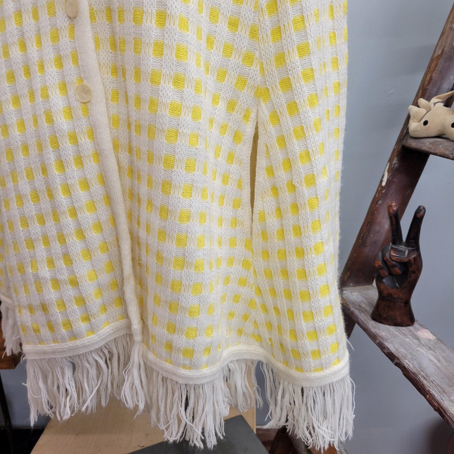 vtg 70s PLAID FRINGE PONCHO // vintage americana knitting mills yellow plaid button up wearable blanket pastel fairy 60s mod fringe cape