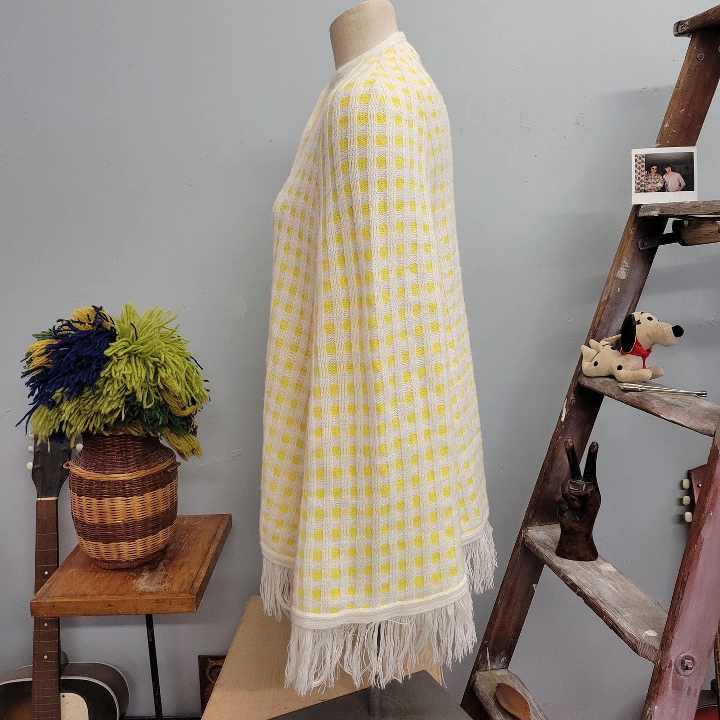 vtg 70s PLAID FRINGE PONCHO // vintage americana knitting mills yellow plaid button up wearable blanket pastel fairy 60s mod fringe cape