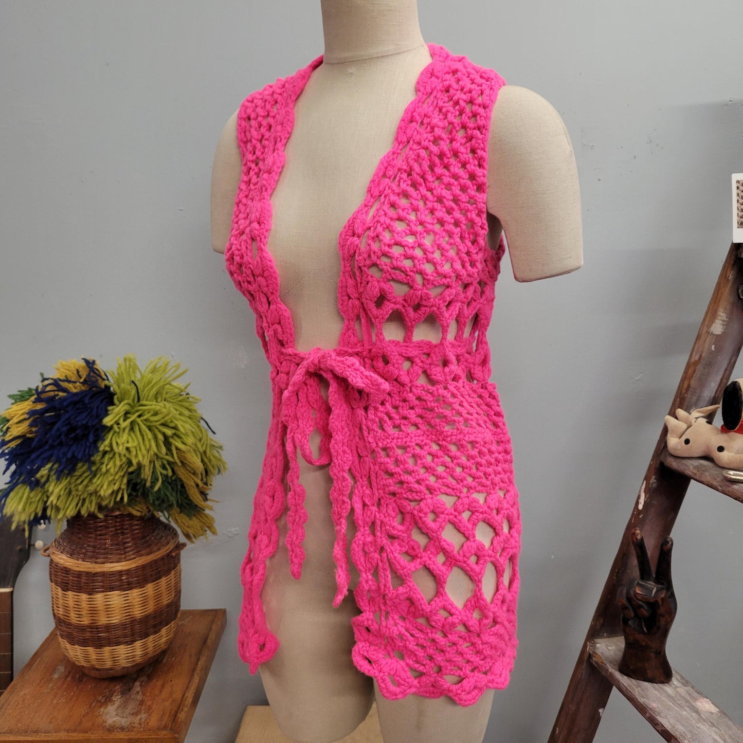 vtg 70s PINK CROCHET VEST // vintage hot pink neon cover up waistcoat long vest autumn winter layering sweater vest barbie style mod retro