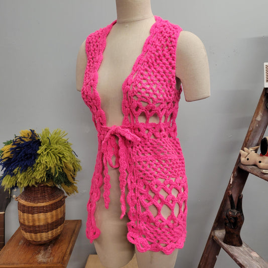vtg 70s PINK CROCHET VEST // vintage hot pink neon cover up waistcoat long vest autumn winter layering sweater vest barbie style mod retro