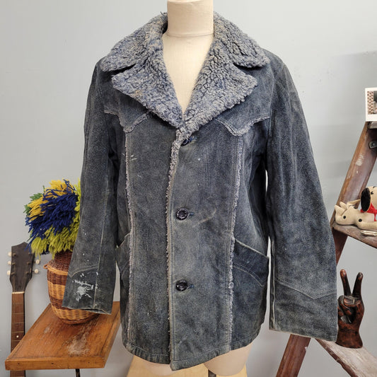 vtg 70s BLUE SHERPA DENIM Coat // vintage field stream jacket 40 men’s distressed rugged western hippie winter overcoat sheepskin ranchwear