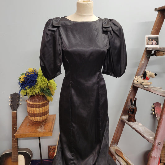 vtg 80s SATIN PUFF SLEEVE dress // vintage inky black gown gothic prom style retro silky full length fit n flare party evening dress fancy