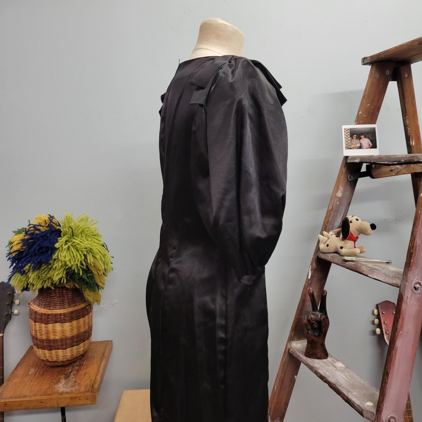 vtg 80s SATIN PUFF SLEEVE dress // vintage inky black gown gothic prom style retro silky full length fit n flare party evening dress fancy