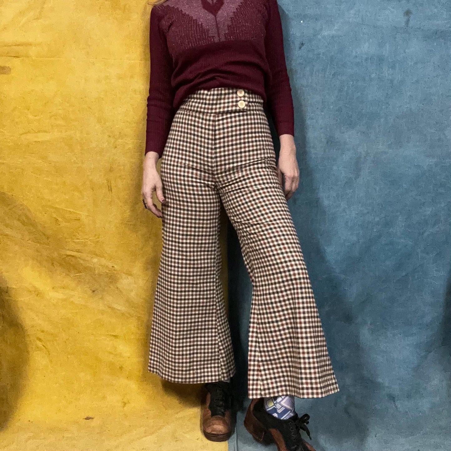 vtg 70s PLAID BELL BOTTOMS // vintage 26 women’s super high waisted flare pants retro hippie mod style autumn preppy winter fashion wide leg