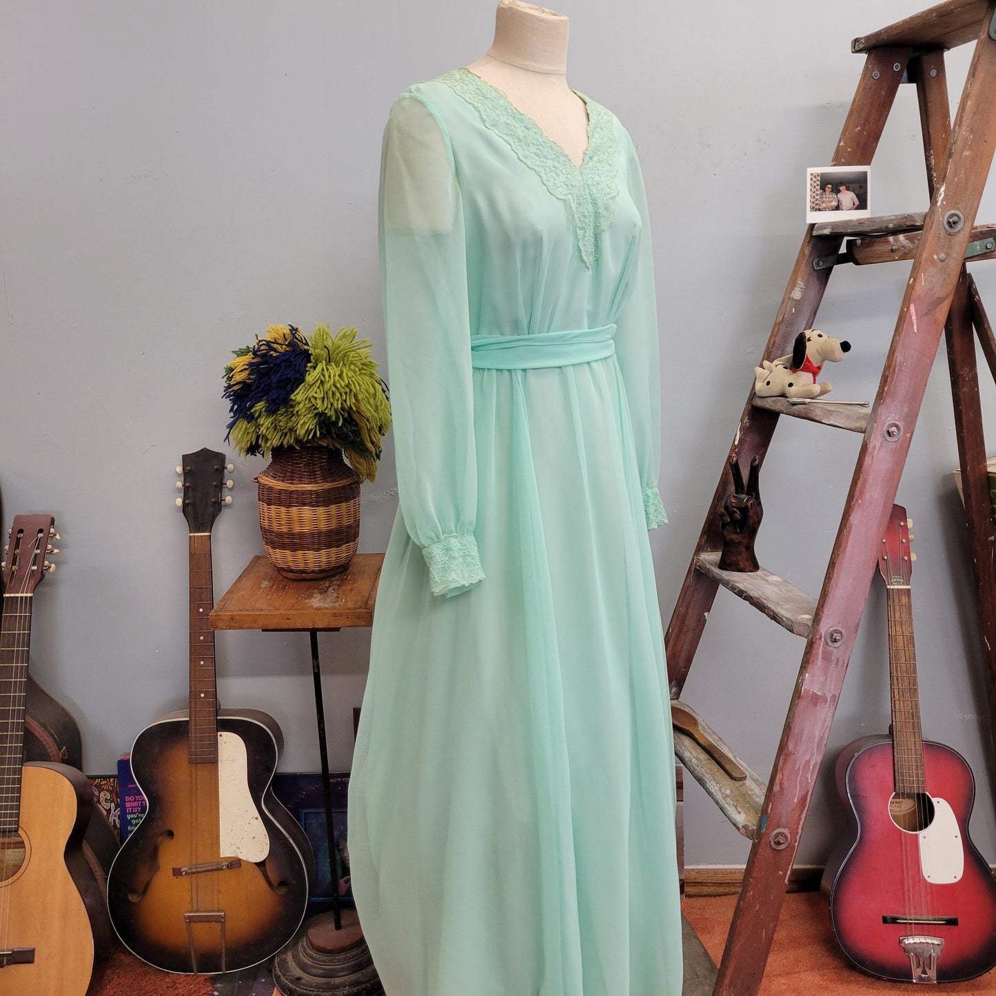 vtg 70s EMMA DOMB GOWN // vintage pastel green chiffon ethereal flowy maxi gown belted embroidered sheer angelic romantic full length dress