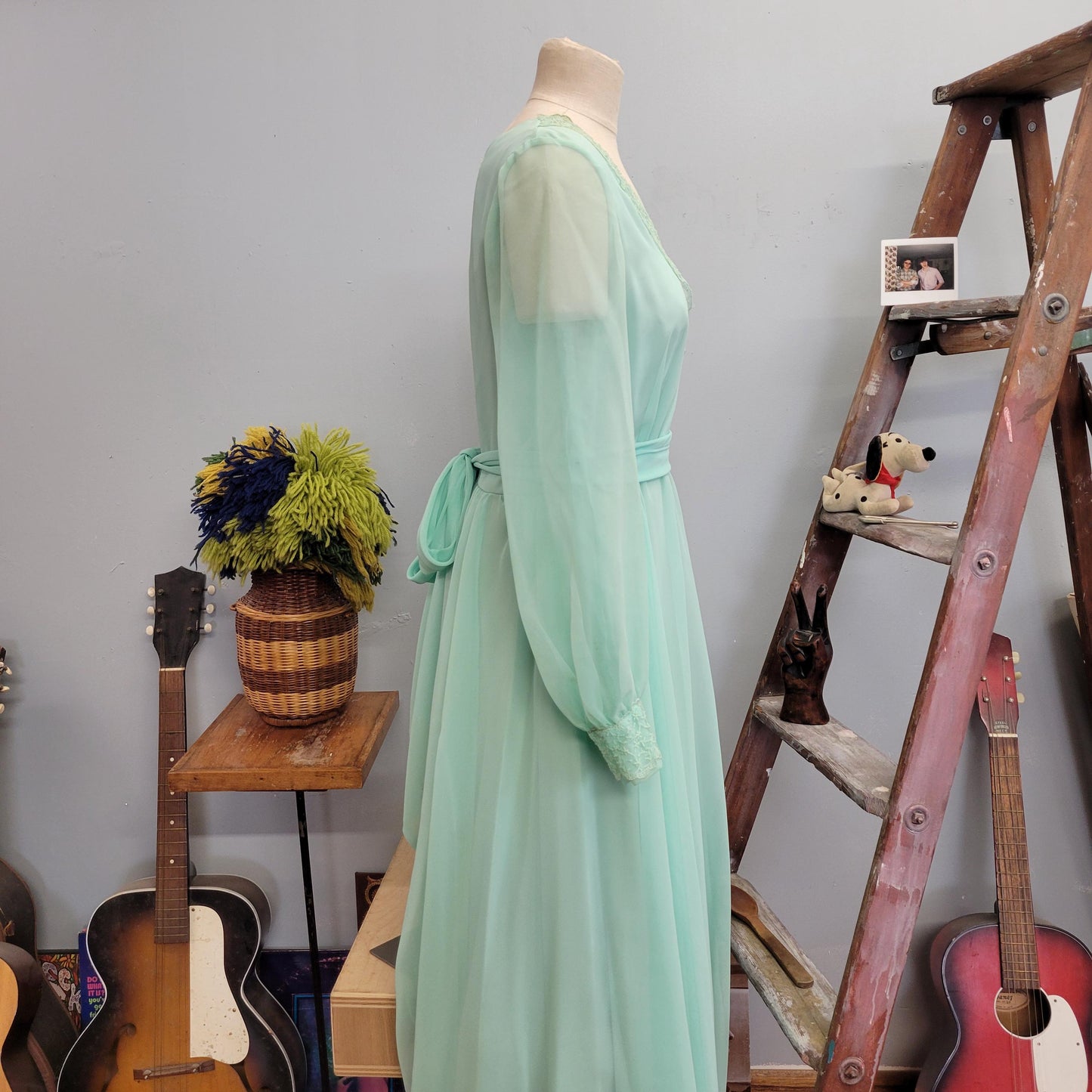 vtg 70s EMMA DOMB GOWN // vintage pastel green chiffon ethereal flowy maxi gown belted embroidered sheer angelic romantic full length dress