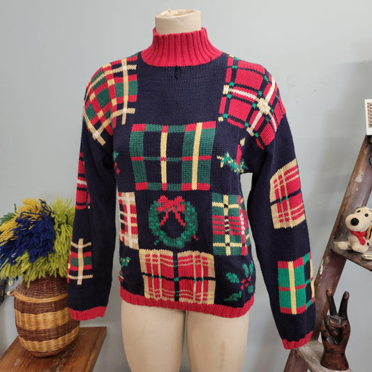 vtg 80s CHRISTMAS TURTLENECK SWEATER // vintage knit charter club medium womens  ribbed holiday wreath ornaments mistletoe holly gift box