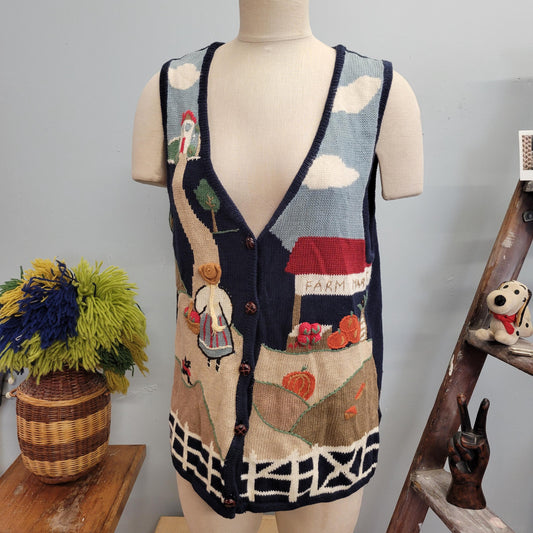 vtg 80s FARMERS MARKET SWEATER vest // vintage capacity large womens hand knit oversized v neck americana folk art vegetables granola style