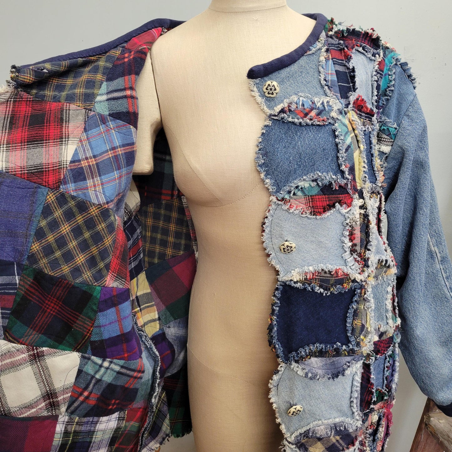 vtg 70s PATCHWORK DENIM JACKET // vintage handmade flannel lined jean jacket folk art funky crafty granny suares afghan blanket tapestry