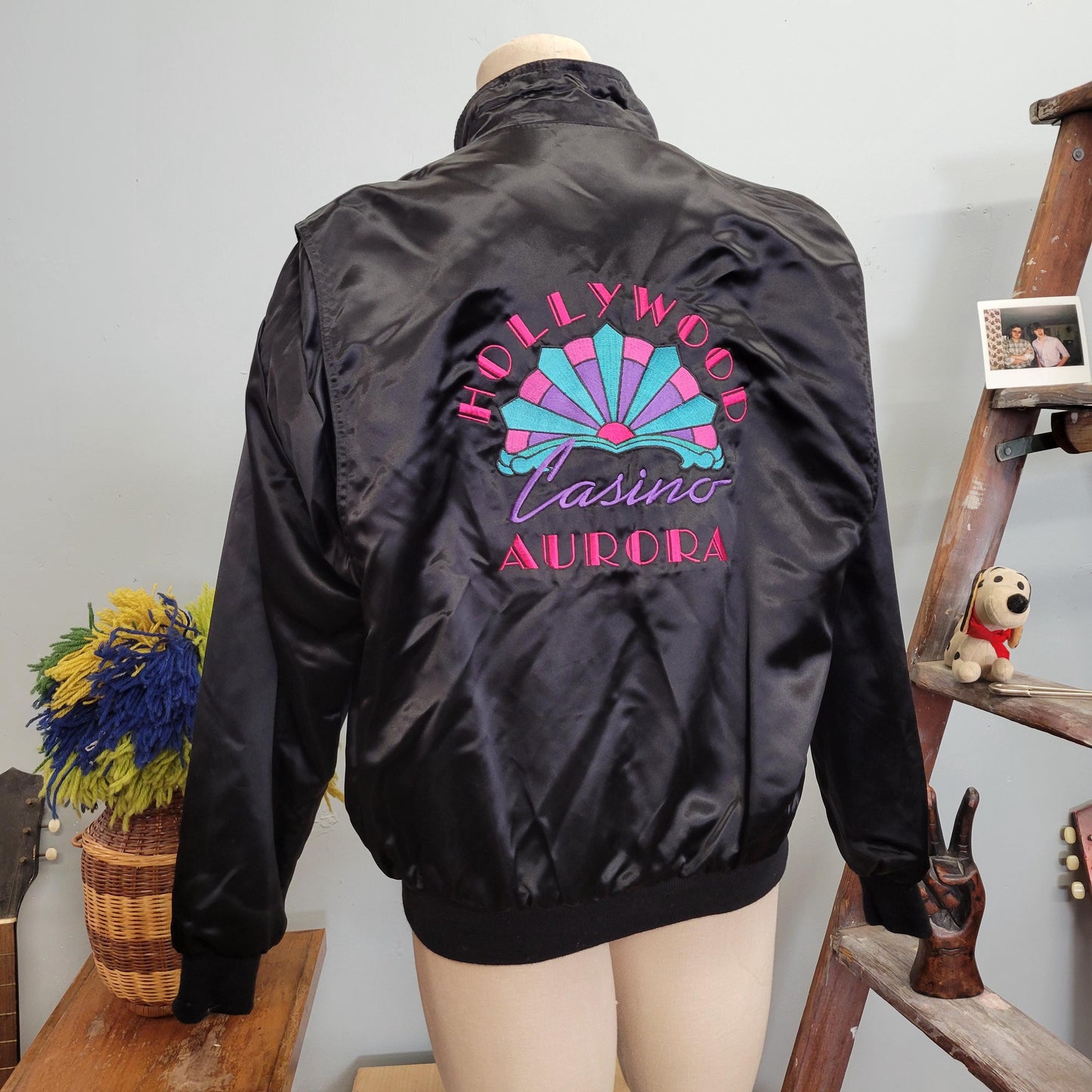 vtg 80s BLACK SATIN JACKET // vintage hollywood casino aurora apparel of las vegas medium womens unisex stained glass abstract embroidered