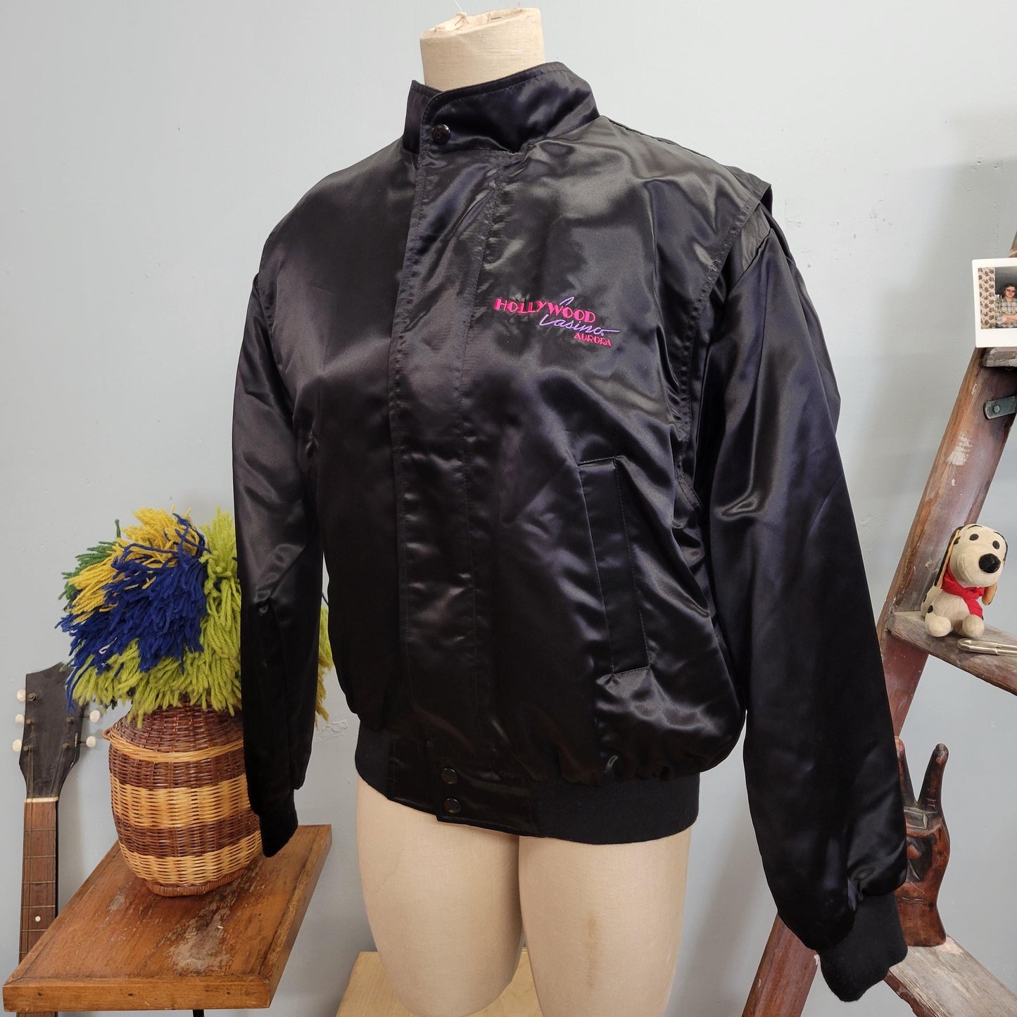 vtg 80s BLACK SATIN JACKET // vintage hollywood casino aurora apparel of las vegas medium womens unisex stained glass abstract embroidered