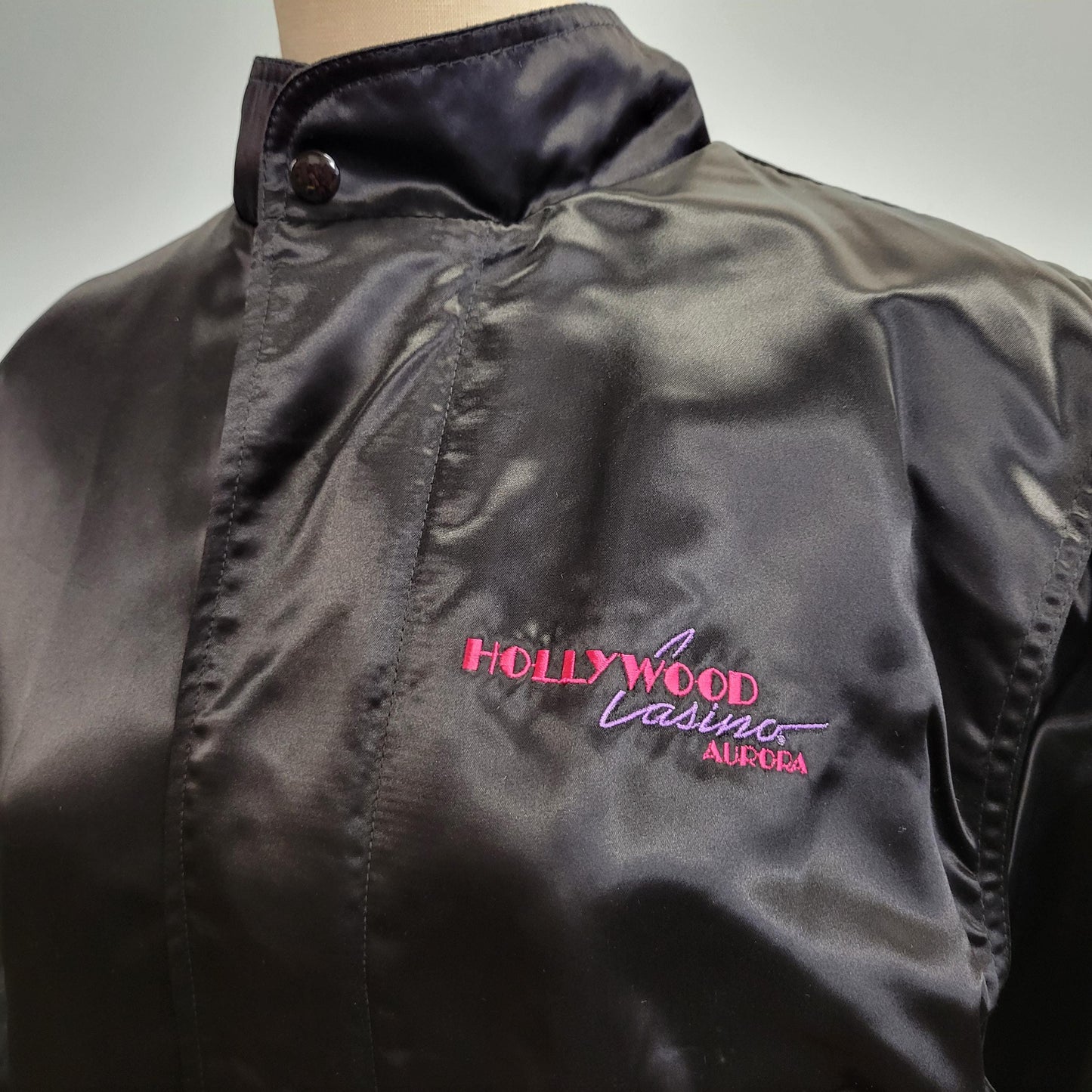 vtg 80s BLACK SATIN JACKET // vintage hollywood casino aurora apparel of las vegas medium womens unisex stained glass abstract embroidered