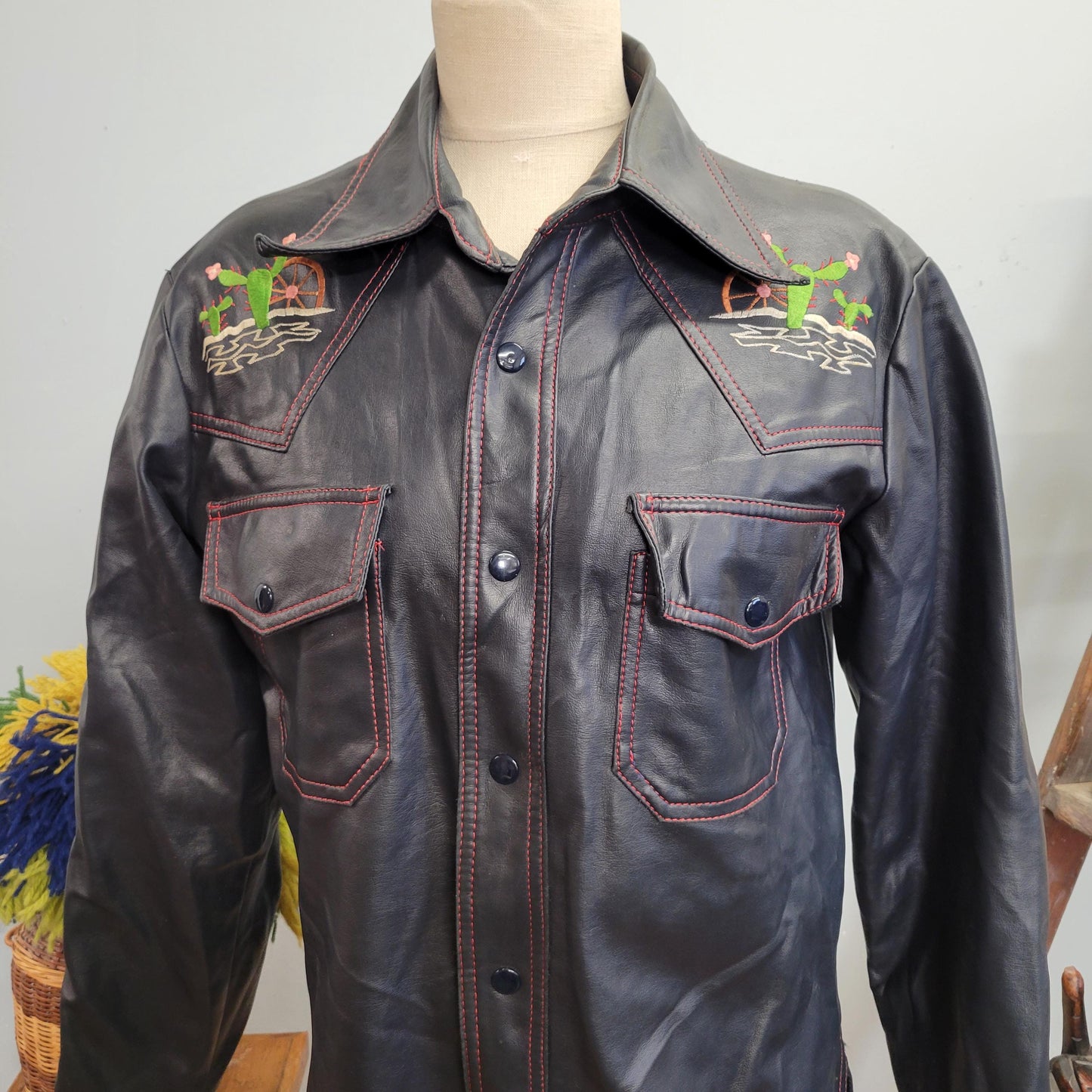 vtg 70s EMBROIDERED CACTUS JACKET // vintage medium mens master-jac pvc vinyl pointy collar western style hippie retro blue pleather cowboy