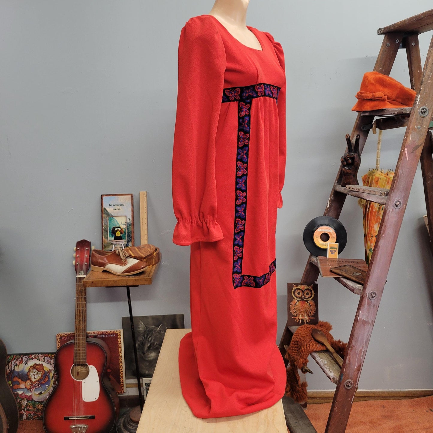 vtg 70s BUTTERFLY MAXI DRESS // vintage xtra small tapestry embroidered butterfly retro puffed sleeve psychedelic mod hippie petite womens