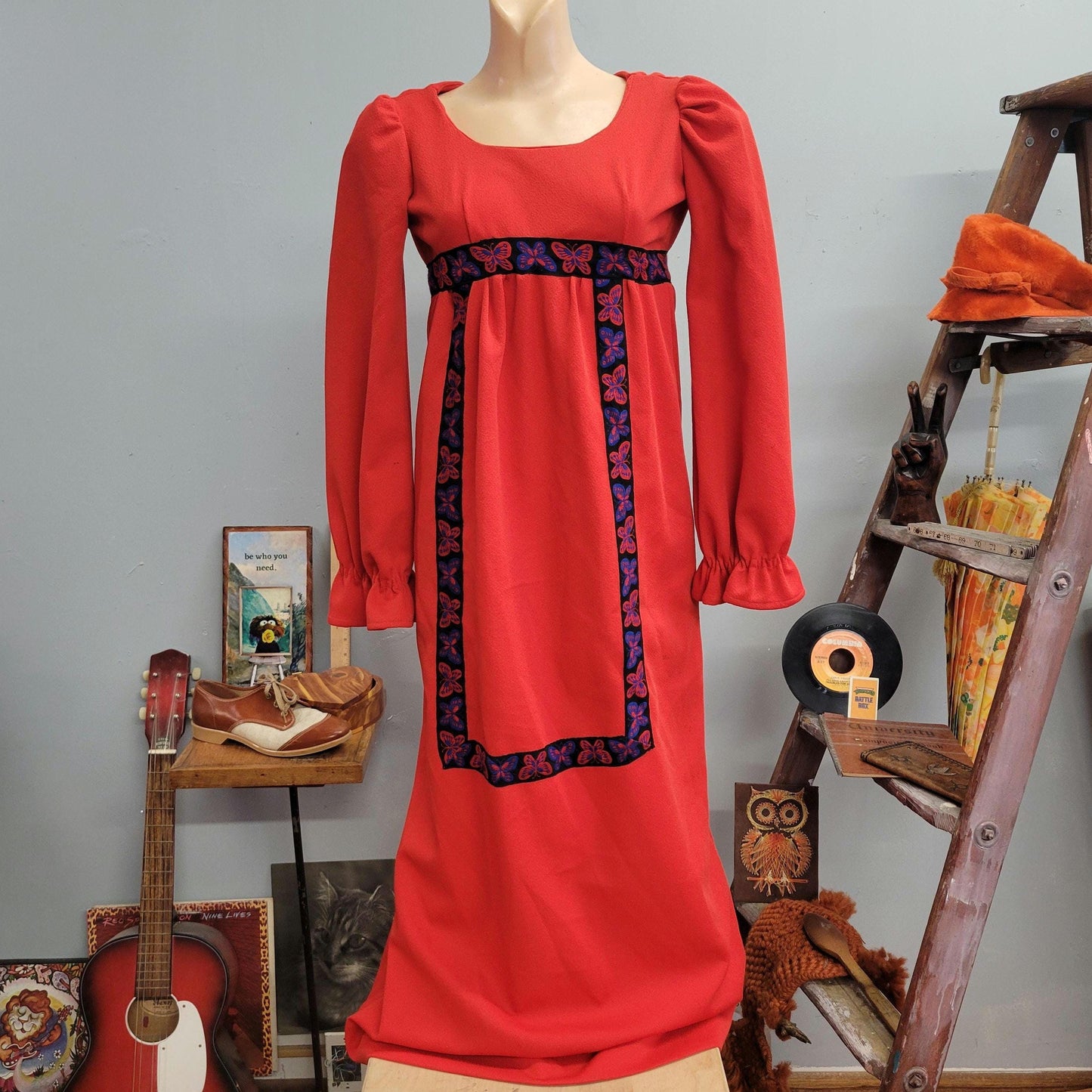 vtg 70s BUTTERFLY MAXI DRESS // vintage xtra small tapestry embroidered butterfly retro puffed sleeve psychedelic mod hippie petite womens
