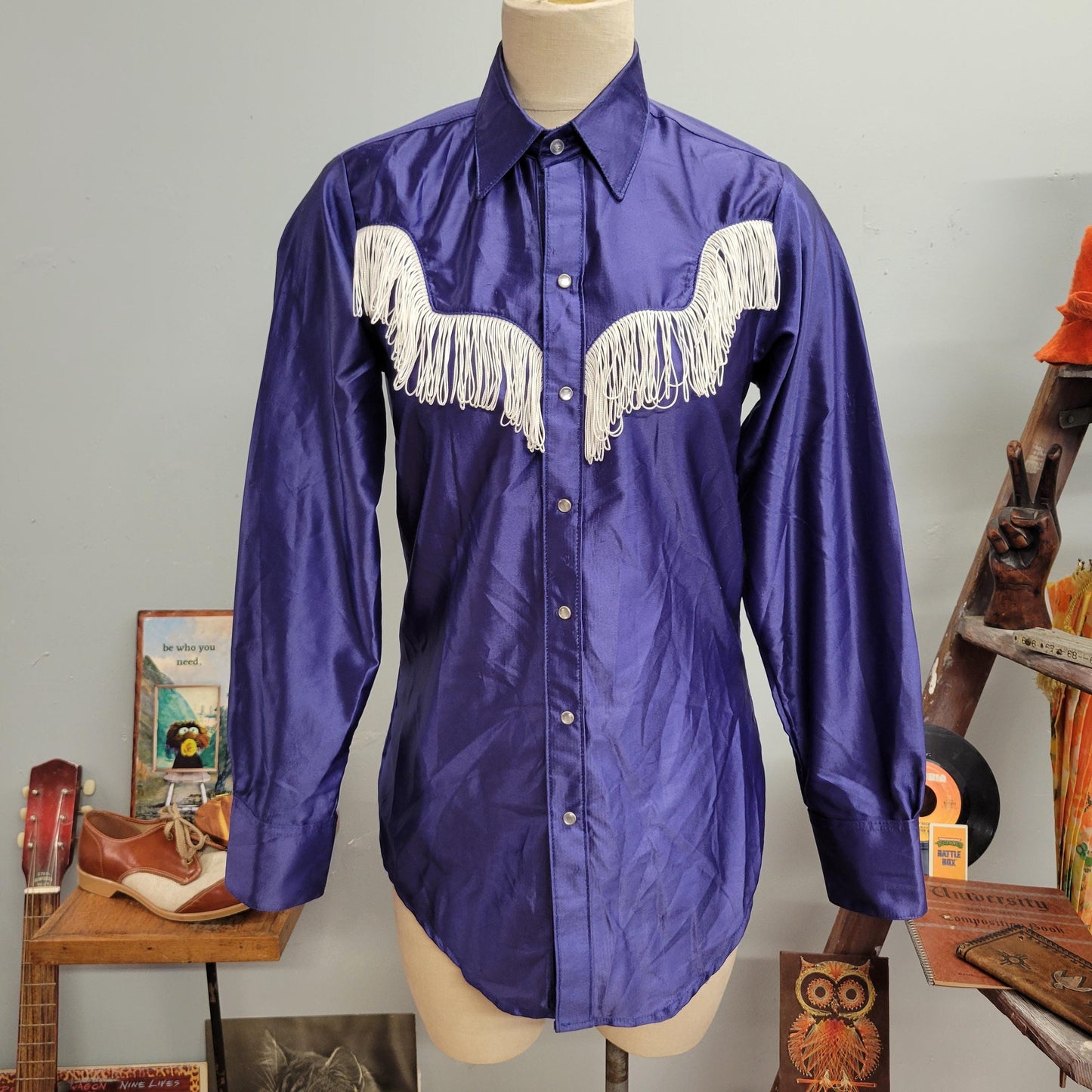 vtg 70s WESTERN FRINGE BUTTONDOWN vintage rockmount ranch wear top 15-32 tru-west usa purple cowgirl rodeo midnight cowboy cutom fitted top