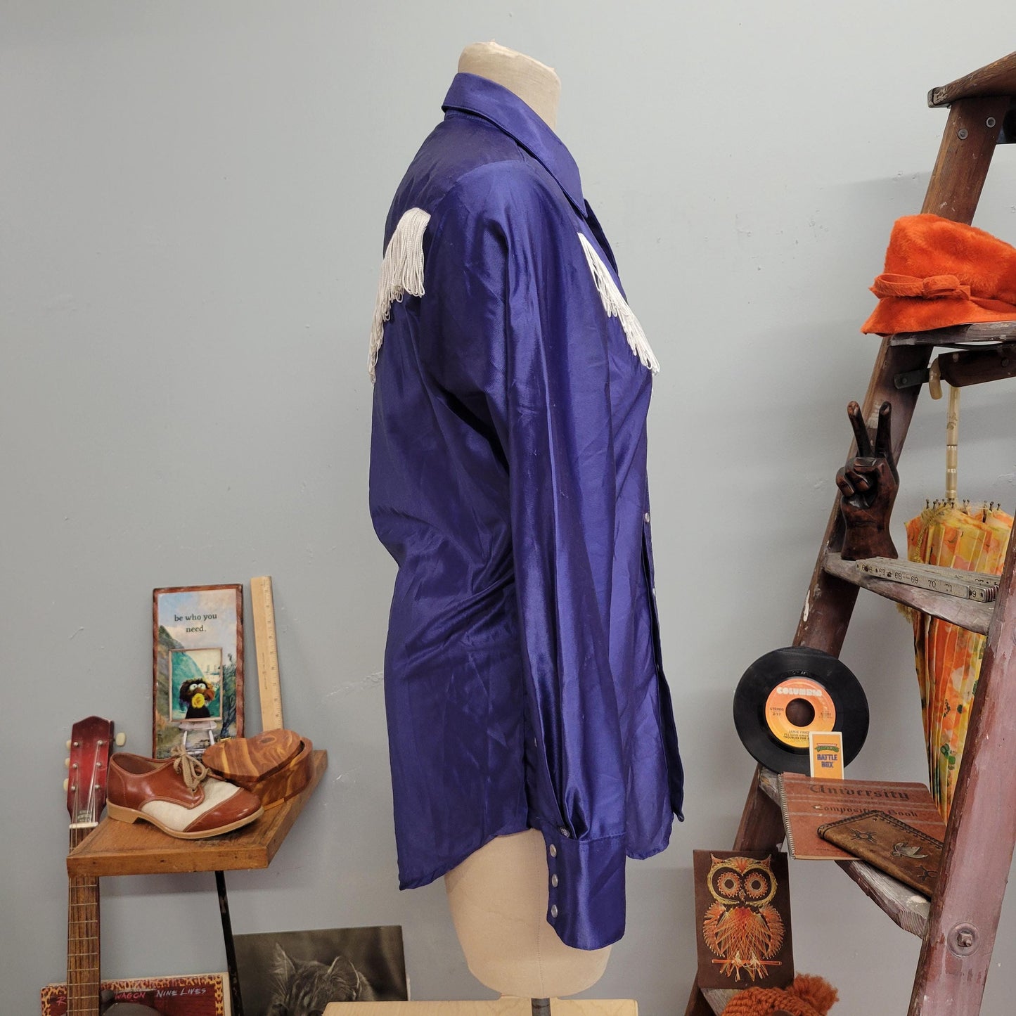 vtg 70s WESTERN FRINGE BUTTONDOWN vintage rockmount ranch wear top 15-32 tru-west usa purple cowgirl rodeo midnight cowboy cutom fitted top