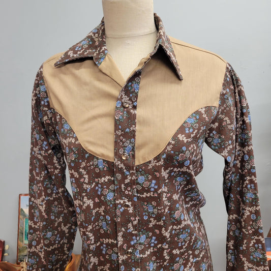 vtg 70s WESTERN PEARL SNAP Shirt // vintage floral sears western wear mens small calico floral beige western rodeo button down hippie style
