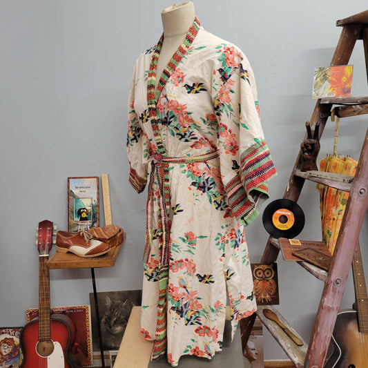 vtg 70s FLORAL WRAP DRESS // vintage Gilligan & O'Malley medium cotton kimono sleeve floral striped wrap around robe dress bohemian retro
