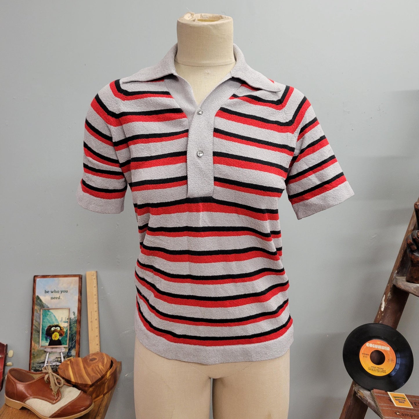 vtg 60s STRIPED COLLARED SHIRT / vintage jc penney towncraft medium retro striped pointy collar tri toned rockabilly bowling style mod funky
