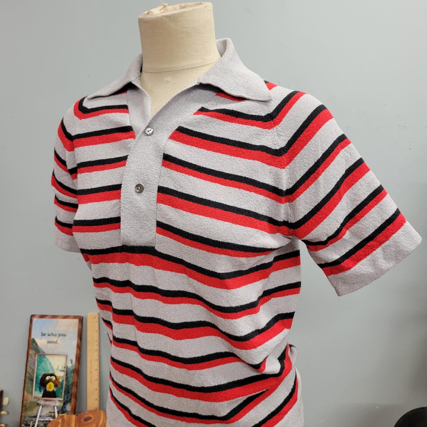 vtg 60s STRIPED COLLARED SHIRT / vintage jc penney towncraft medium retro striped pointy collar tri toned rockabilly bowling style mod funky