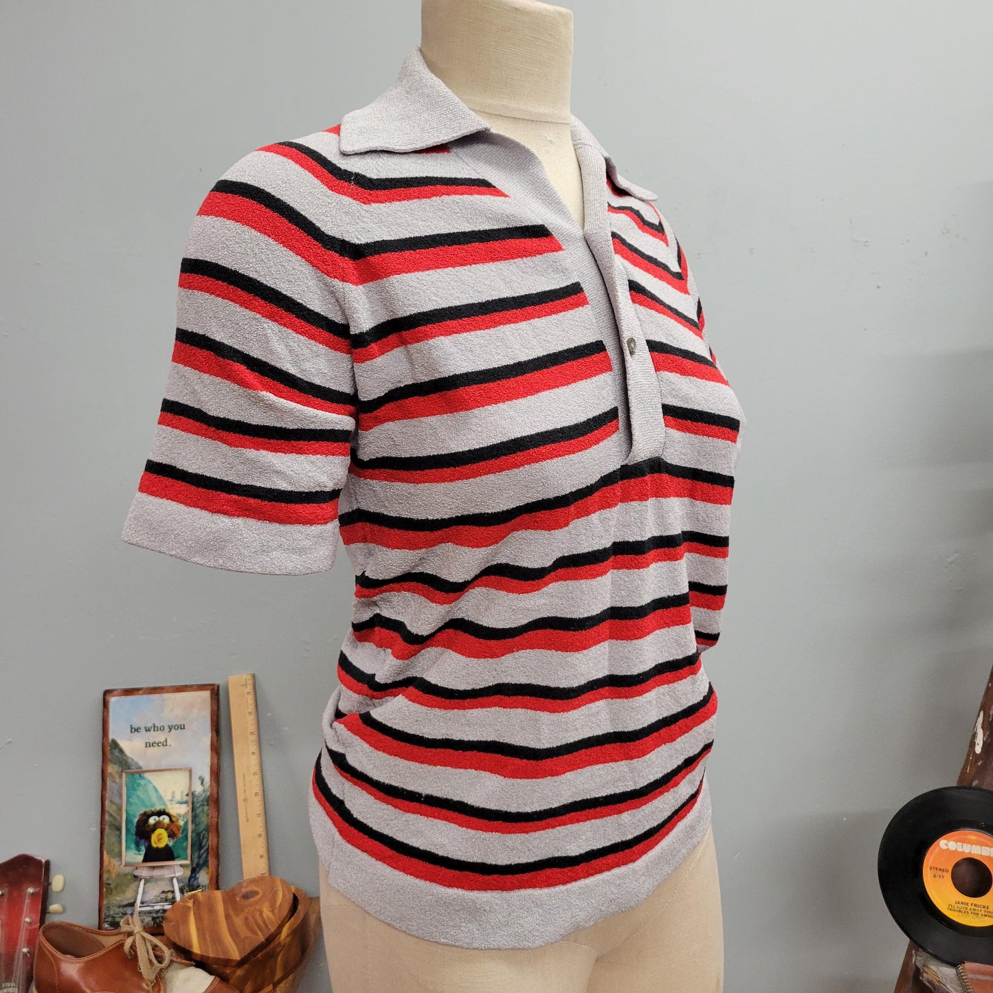 vtg 60s STRIPED COLLARED SHIRT / vintage jc penney towncraft medium retro striped pointy collar tri toned rockabilly bowling style mod funky