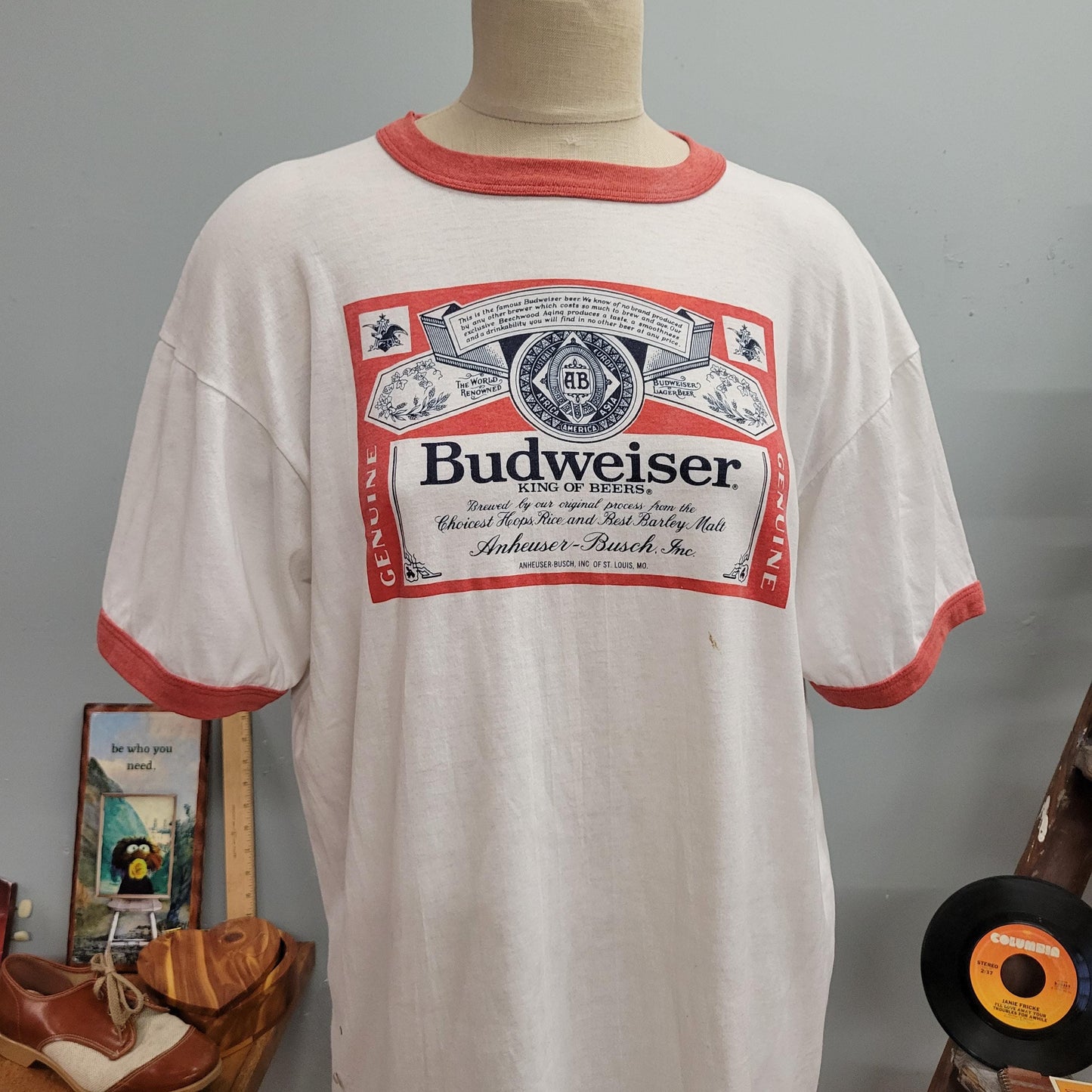 vtg 70s BUDWEISER RINGER TSHIRT // vintage xl paper thin oversized king of beers faded soft single stitch bartender beer lover retro graphic