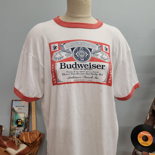 vtg 70s BUDWEISER RINGER TSHIRT // vintage xl paper thin oversized king of beers faded soft single stitch bartender beer lover retro graphic