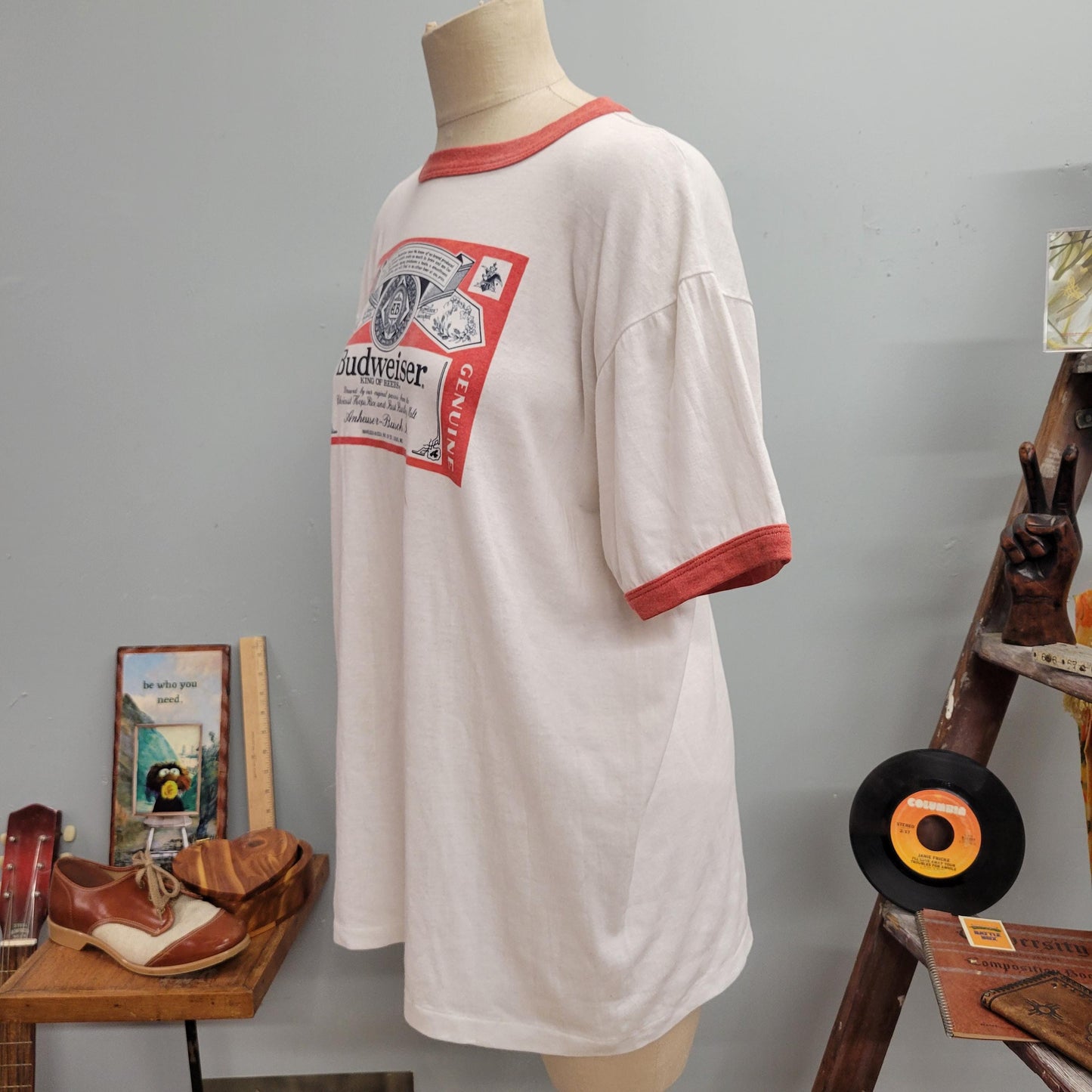 vtg 70s BUDWEISER RINGER TSHIRT // vintage xl paper thin oversized king of beers faded soft single stitch bartender beer lover retro graphic