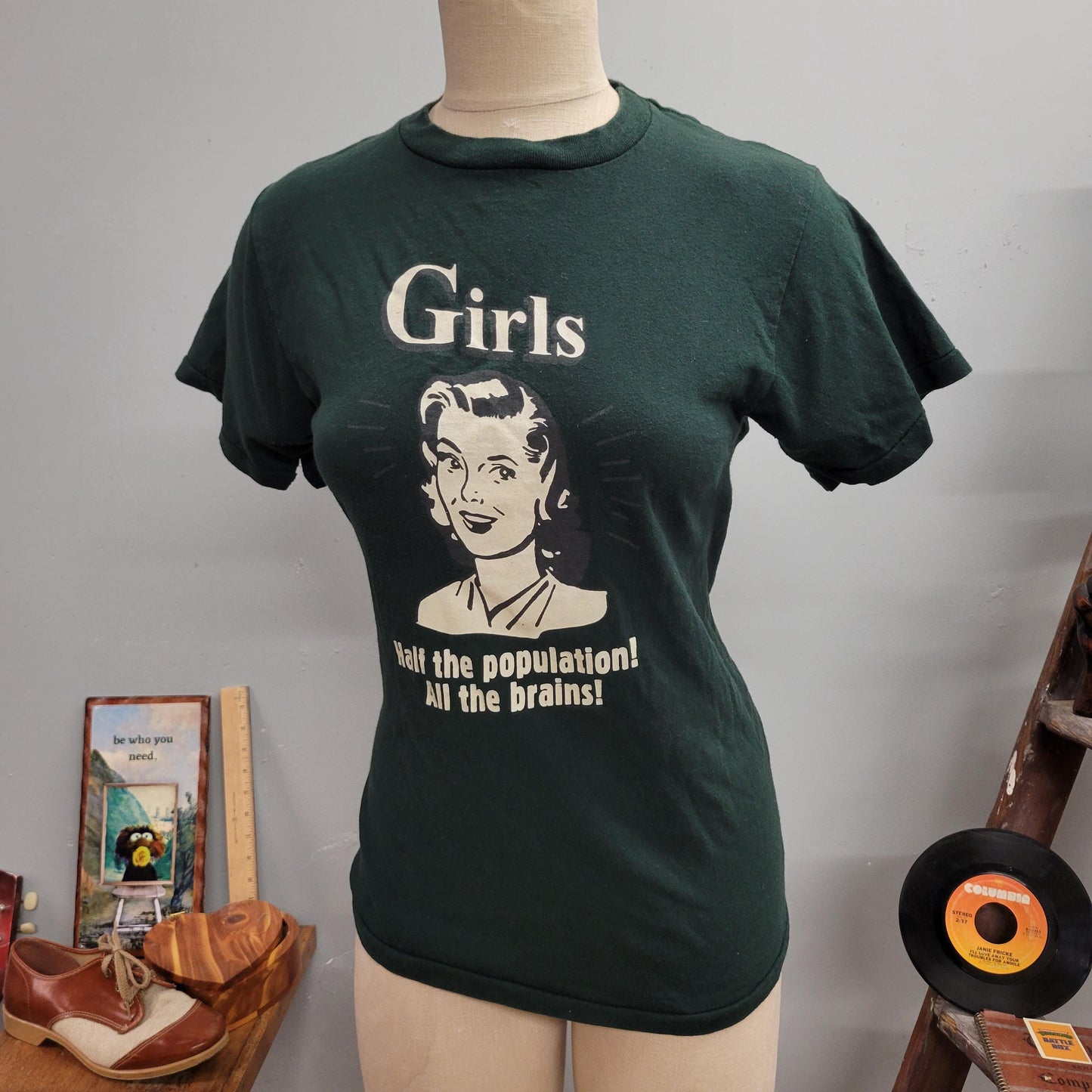 vtg 80s GIRLS TSHIRT // vintage changes youth x large feminism tee half the population, all the brains cute fitted french cut graphic tee