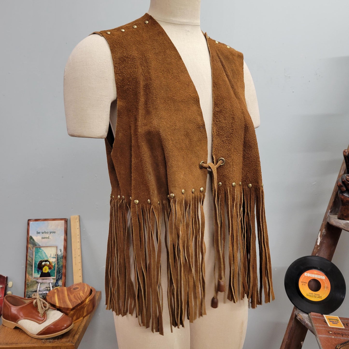 vtg 70s SUEDE FRINGE VEST // vintage western pioneer wear medium womens studded long tassel tie waist embellished beaded hippie bohemian top