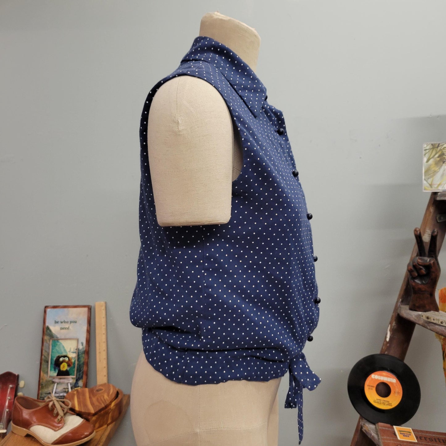 vtg 70s POLKA DOT BLOUSE / vintage sleeveless top david crystal fashion size 14 large women’s semi sheer tie waist belted retro autumn style