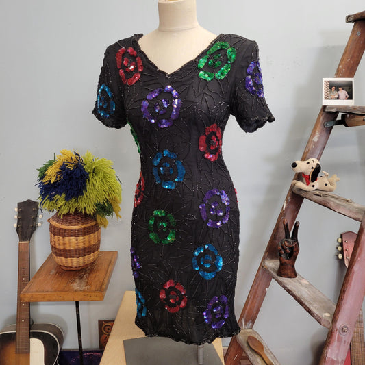 vtg 80s FLOWER SEQUIN DRESS // vintage styleworks size 10 womens medium holiday new years sparkly cocktail beaded party gown rainbow pattern
