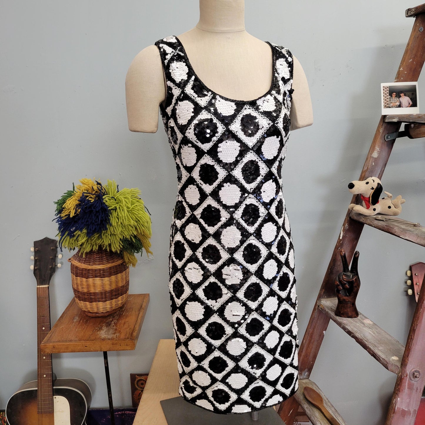 vtg 80s SEQUINED TANK DRESS // vintage tadashi size 8 medium womens holiday new years op art space age black white checkered mod mini dress