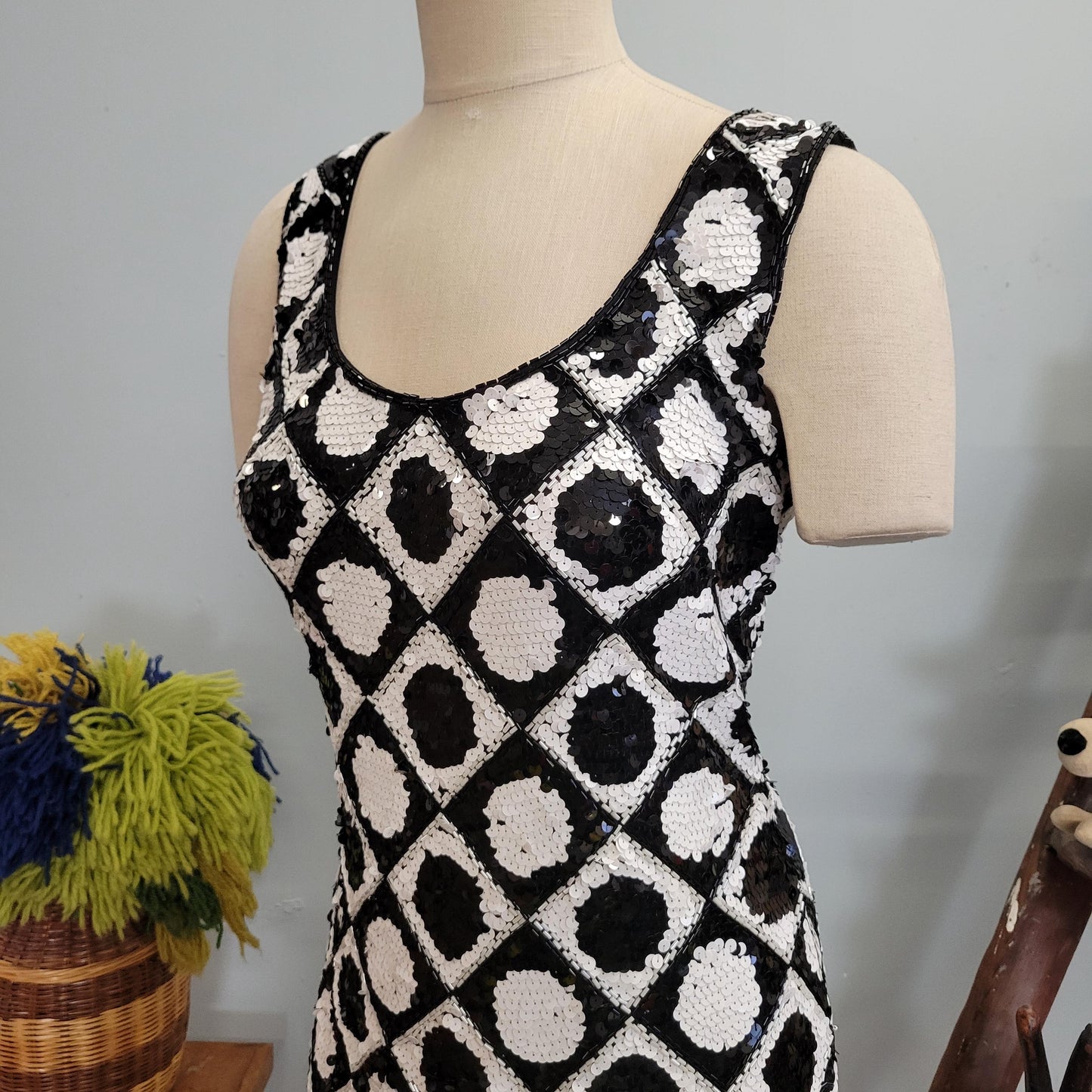 vtg 80s SEQUINED TANK DRESS // vintage tadashi size 8 medium womens holiday new years op art space age black white checkered mod mini dress