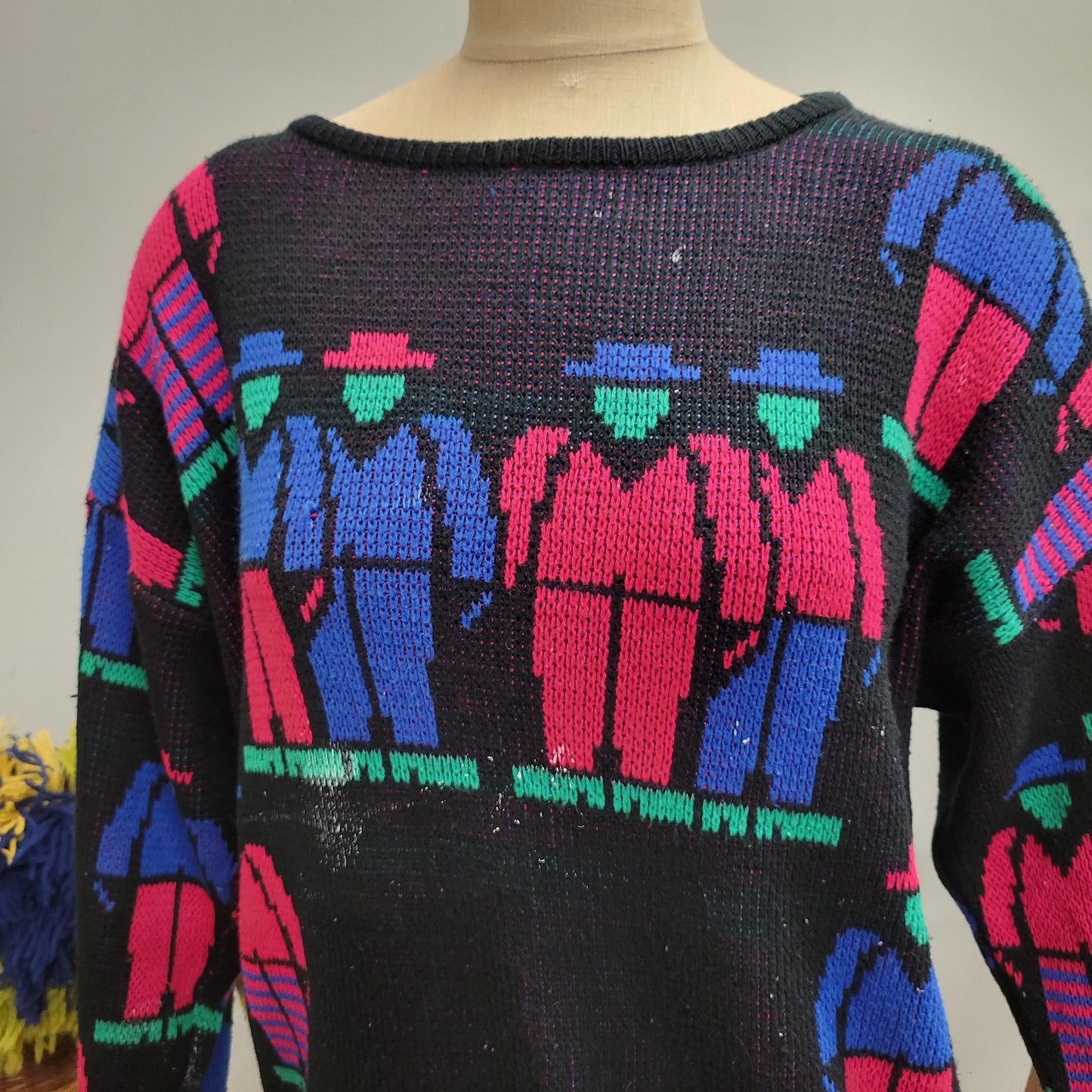 vtg 80s NEON PEOPLE SWEATER // vintage knit women large abstract all over print catwalk art nouveau art deco fabulous funky pullover sweater