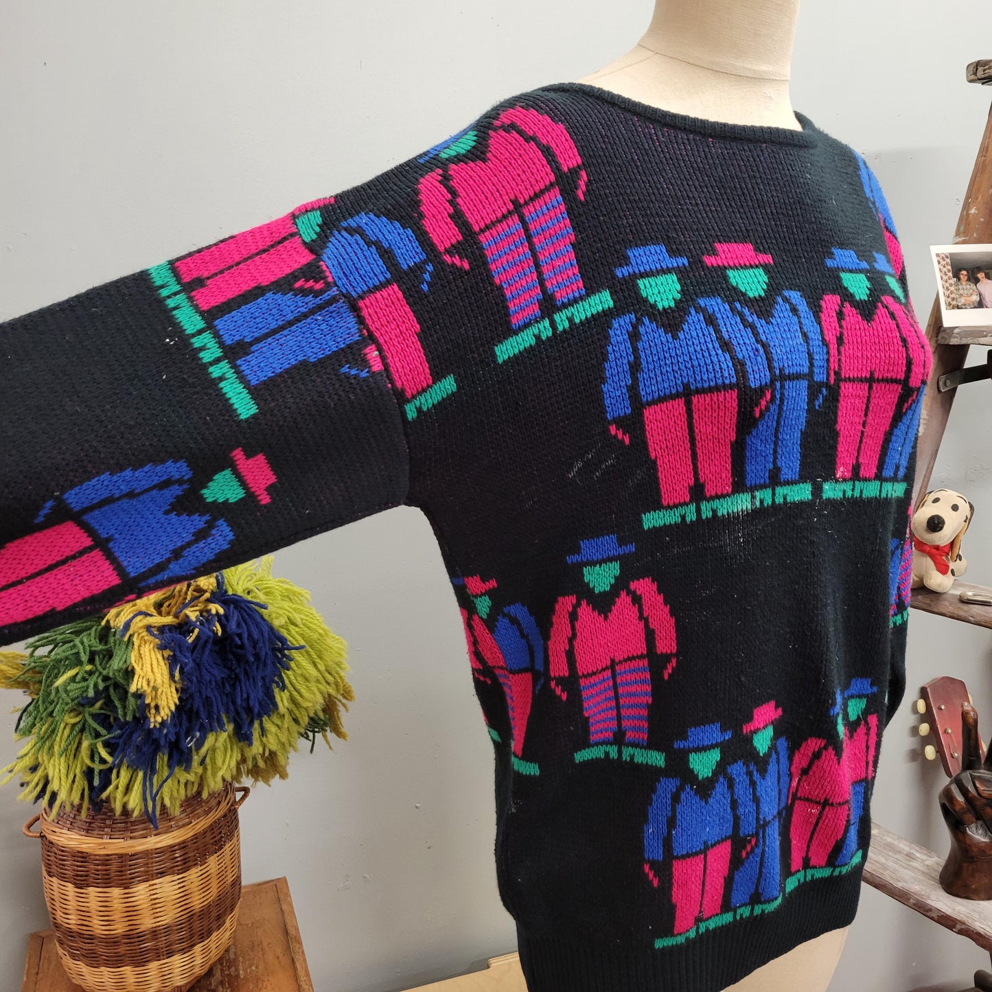 vtg 80s NEON PEOPLE SWEATER // vintage knit women large abstract all over print catwalk art nouveau art deco fabulous funky pullover sweater