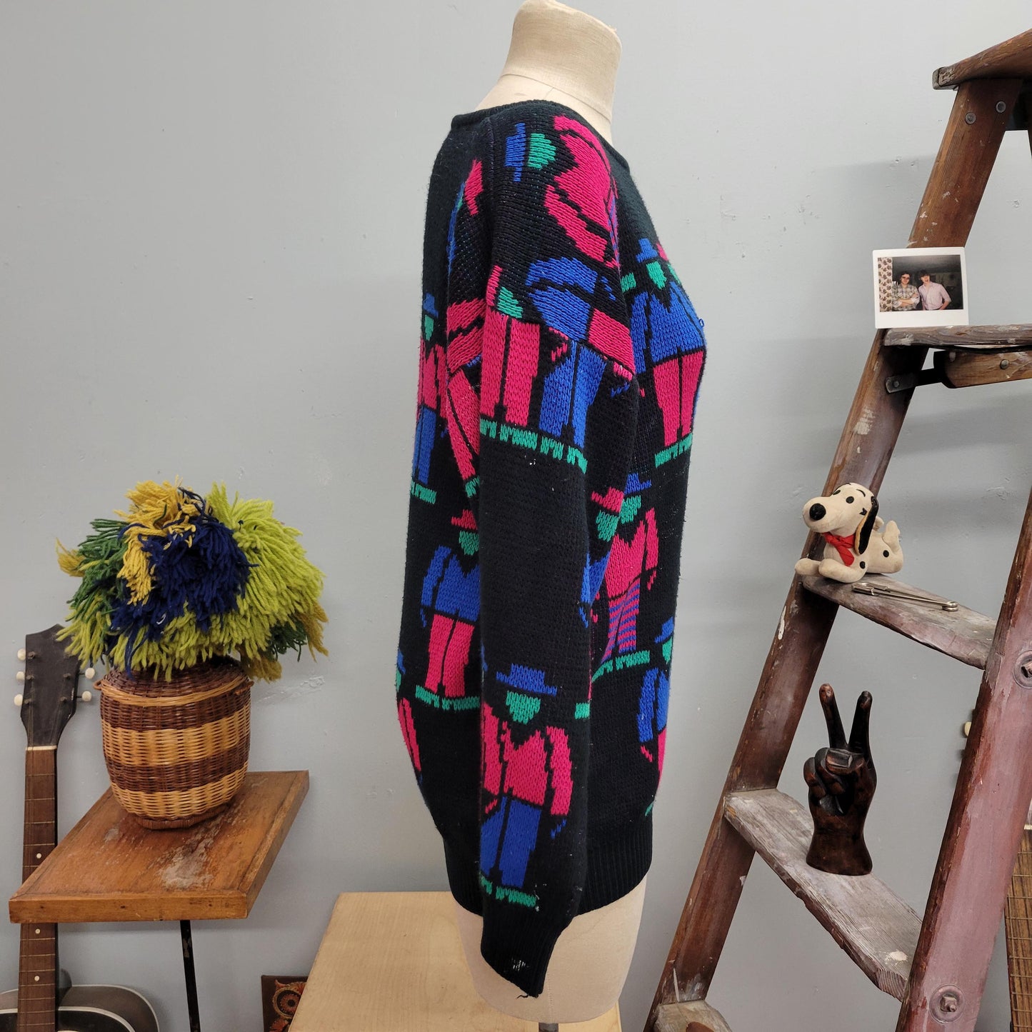 vtg 80s NEON PEOPLE SWEATER // vintage knit women large abstract all over print catwalk art nouveau art deco fabulous funky pullover sweater