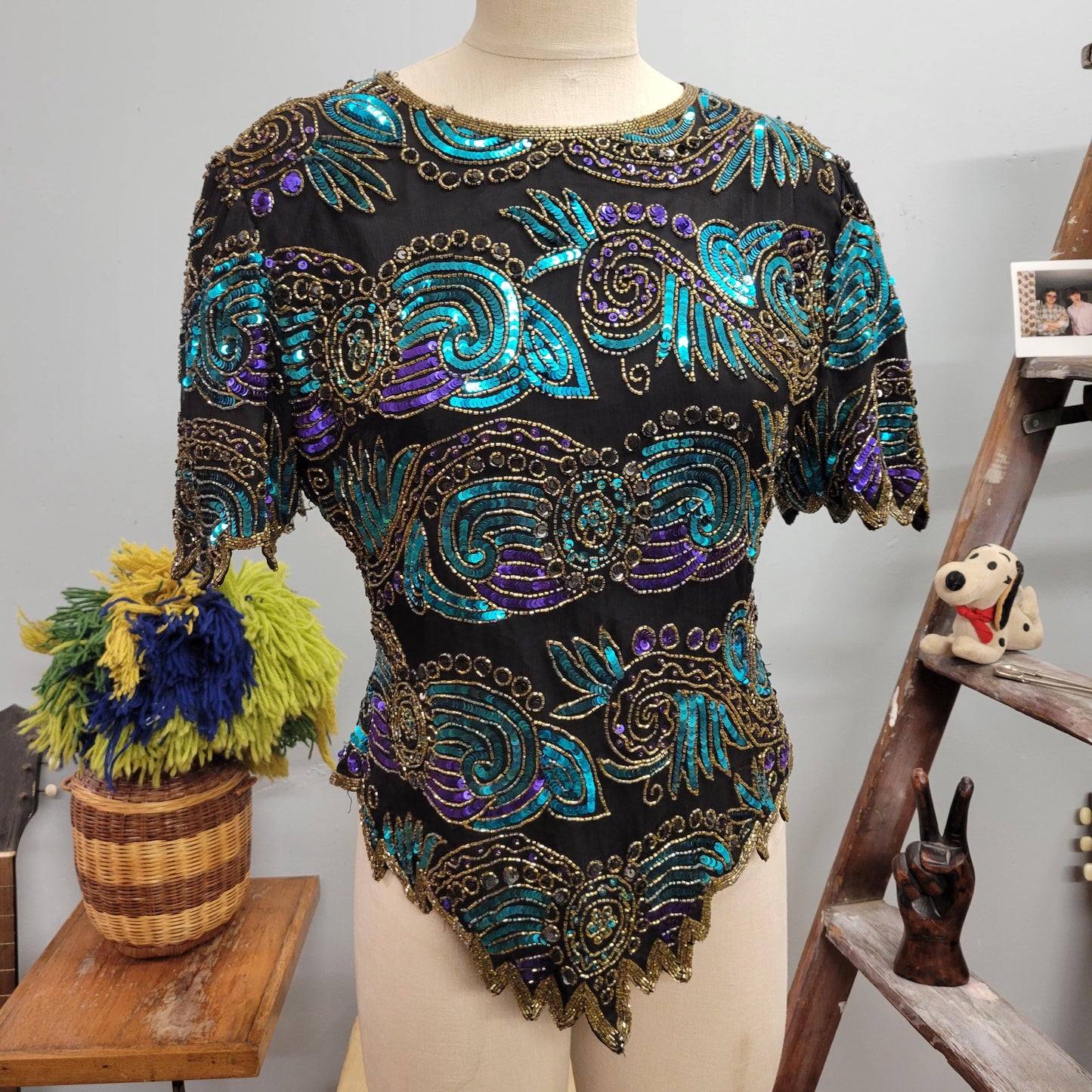 vtg 80s BEADED SEQUIN TOP // vintage laurence kazar xl womens silk fully beaded jewel toned festive holiday party evening wear statement