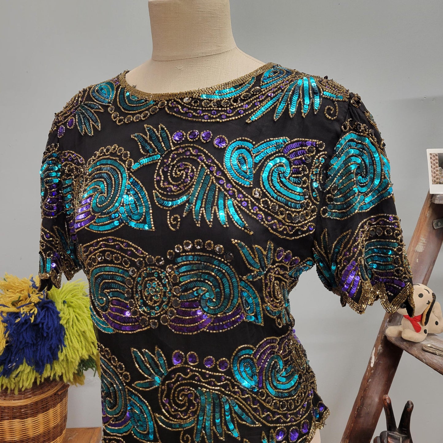 vtg 80s BEADED SEQUIN TOP // vintage laurence kazar xl womens silk fully beaded jewel toned festive holiday party evening wear statement