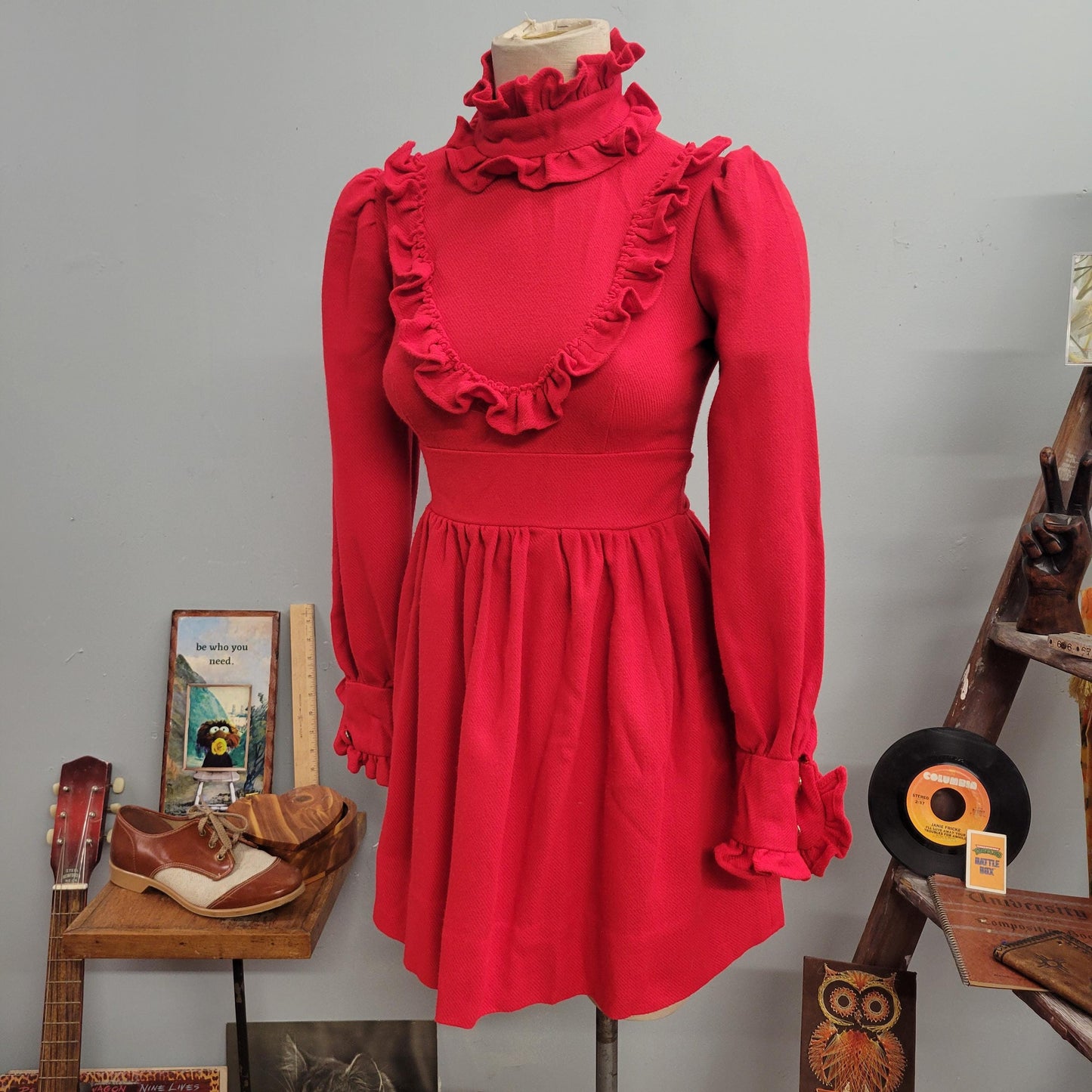 vtg 70s RUFFLE MINI DRESS // vintage red small womens cute puff sleeve ruffle yoke mod twee autumn vibes knit ruffle collar xmas party dress