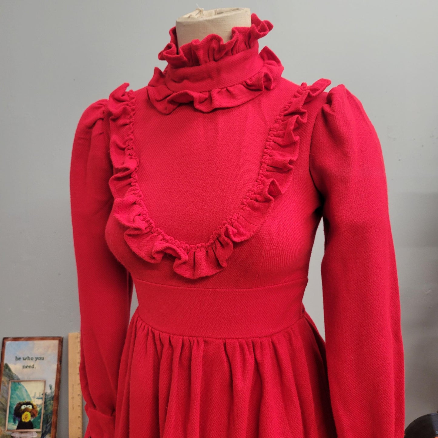 vtg 70s RUFFLE MINI DRESS // vintage red small womens cute puff sleeve ruffle yoke mod twee autumn vibes knit ruffle collar xmas party dress