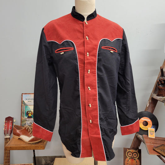 vtg 70s SUEDE WESTERN BUTTON Down  // vintage rodeo rider shirt medium leather yoke embroidered rodeo style cowboy two tone color block top