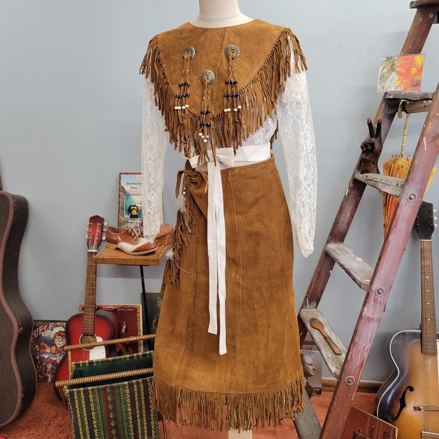 vtg 70s 2 PIECE SUEDE DRESS // vintage osfm womens wrap around buckskin skirt and matching fringe vest set metal conch feathers & beads top